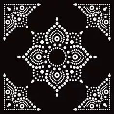 a black and white ornamental design with circles, dots and stars in the center on a black background