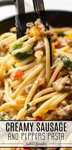 serving tongs with bucatini and text overlay that reads creamy sausage and peppers pasta Peppers Pasta, Sausage And Peppers Pasta, Creamy Sausage Pasta, Italian Sausage Recipes, Sausage Dishes, Pepper Pasta, Sausage And Peppers