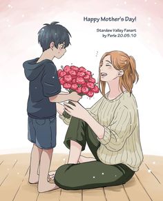 a woman kneeling down holding flowers next to a boy on the floor with text that reads, happy mother's day