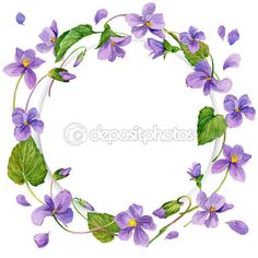 purple flowers and green leaves arranged in a circle