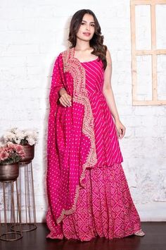 Shop for Vasavi Shah Pink Bamberg Silk Bandhej Print Anarkali Gharara Set for Women Online at Aza Fashions Shrara Grara Design Silk, Bandhej Cord Set, Bandhej Anarkali Suits, Shrara Grara Design, Cotton Gharara Designs, Bandhej Dress Designs, Bandhej Kurti Designs, Bandhej Suits Design, Chikan Anarkali