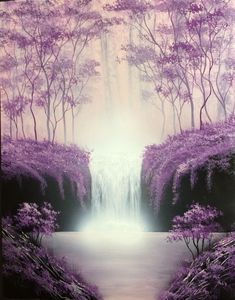 a painting of a waterfall in the middle of a forest with purple trees and water