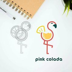 a drawing of a flamingo and the word pink cola written in spanish on a notebook