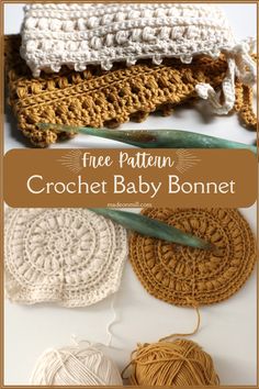 crochet baby bonnets with text overlay that says free pattern