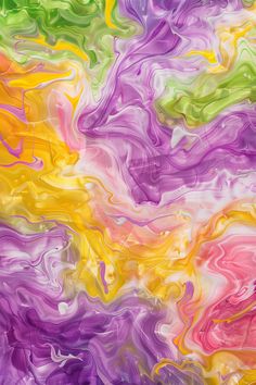 an abstract painting with multicolored paint on the bottom and yellow, green, purple, orange, and pink colors