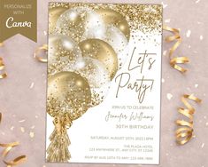 a party card with balloons and confetti in gold foil on a pink background