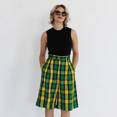 Longline Green Plaid Shorts 27, High Waist Vintage Yellow Purple Neon 90s - Etsy Summer Plaid Wide-leg Bottoms, Summer Plaid Wide Leg Bottoms, Summer Wide Leg Plaid Bottoms, High Waist Plaid Summer Bottoms, High Waist Green Bermuda Shorts For Summer, Casual Green Wide Leg Shorts, Casual Multicolor Knee-length Bottoms, Plaid Skorts With Built-in Shorts For Summer, Summer Plaid Bottoms With Built-in Shorts