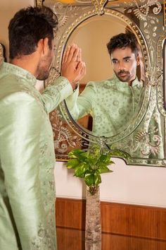 Shop for Darshika Menswear Green Silk Embroidered Sherwani Kurta Set for Men Online at Aza Fashions Embroidered Sherwani, Pyjama Pants, Pearl Work, Green Thread, Kurta Set For Men, Types Of Work, Pajama Pant, Wedding Destination, Fabric Silk