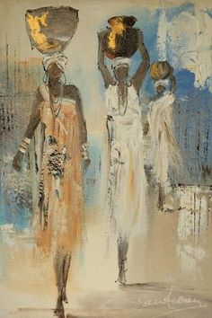 an oil painting of two women walking down the street with baskets on their heads,