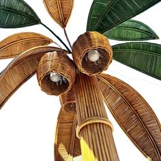 a close up of a bamboo plant with two lights on it's center piece