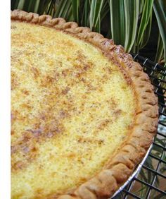 a pie sitting on top of a metal rack next to a potted green plant