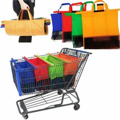 a shopping cart filled with colorful bags and the words your style for less on it