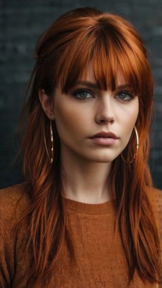 Long Red Hair With Bangs And Layers, Dark And Copper Hair, Bangs On Red Hair, Fall Copper Hair Color, Dark Hair With Fringe, Dark Red Hair With Bangs, Auburn Hair With Bangs, Red Hair Fringe, Hair 2024 Trends Women