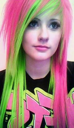 a girl with long pink and green hair