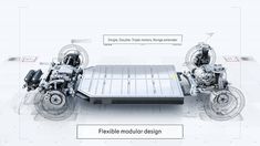 an image of the engine and parts of a vehicle in three different stages, including four wheel drivetrains