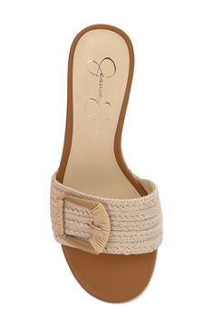 An oversized buckle details the vamp of an espadrille-inspired slide sandal lifted by a jute-wrapped platform and block heel. 3" heel; 3/4" platform Textile upper/synthetic lining/rubber sole Imported Beige Flat Mules With Buckle Closure, Spring Flat Mules With Buckle Closure, Summer Flat Mules With Buckle Closure, Chic Beach Slides With Wedge Heel, Chic Slides With Woven Sole, Beige Slides With Buckle Closure For Spring, Beige Buckle Closure Slides For Spring, Vacation Flat Heel Mules With Buckle Closure, Chic Open Toe Espadrilles With Buckle Closure