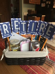 a basket filled with items sitting on top of a table