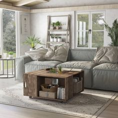 a living room filled with furniture and lots of plants on top of a wooden table