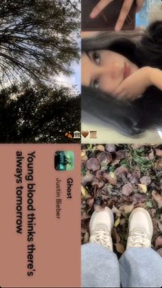 a collage of photos with two women and trees