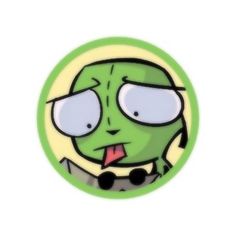 a cartoon character with big eyes in a green circle