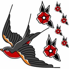 a bird flying with red flowers on it's back and wings in the air