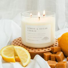 Lemon and Sugar Cookie 3-Wick Soy Candle - Abboo Candle Co Lemon Caramel, Fall Cookie Candle, Lemon Candles, Lemon Sugar Cookie, Fruit Scented Candles, Cookie Candle, Lemon Scented Candle, Citrus Candle, Lemon Candle