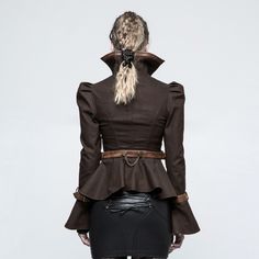 rebelsmarket_steampunk_coffee_colored_trumpet_sleeve_jacket_for_women_jackets_7 Gothic Outerwear With Rivets, Fitted Punk Outerwear With Rivets, Punk Fitted Outerwear With Rivets, Steampunk Outerwear For Costume Party, Gothic Outerwear For Fantasy Events In Fall, Gothic Outerwear For Fall Fantasy Events, Steampunk Outerwear With Stand Collar For Winter, Steampunk Winter Outerwear With Stand Collar, Winter Steampunk Outerwear With Stand Collar