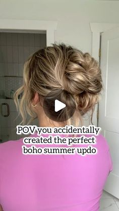 Lainey Ostrom on Instagram: "True story 😄I was trying to do a different hairstyle and did this one instead. I love how it turned out. Such a pretty boho, summer updo hairstyle! Save and try ❤️ - #updospecialist #bohohairstyle #bohohairstyles #bohoupdo #hairupdos #hairupdostyle #hairupdosforweddings #bunupdo #highbunhairstyle #highbun #highbunupdo #hairreelsofinsta" Casual Boho Hairstyles, Boho Hair Updos, Simple Boho Updo, Wedding Guest Hairstyles For Wavy Hair, Hair Up Summer Hairstyles, Over 40 Updo Hairstyles, Summer Concert Hairstyles Updo, Boho Hair Bun, Easy Summer Ponytails