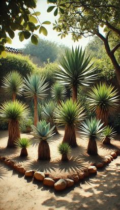 several different types of plants are arranged in a circle on the dirt ground near rocks and trees