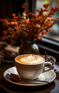 a cappuccino sits on a saucer next to a vase with flowers