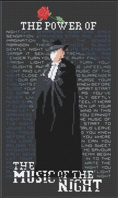 the power of music in the night cross stitch pattern with words and a man wearing a hat