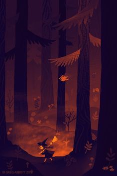 an illustration of a person in the woods at night