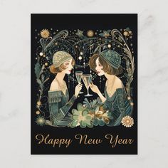 two women toasting with champagne in front of a black card that says happy new year