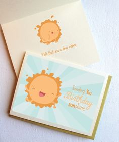 two greeting cards with the words sending you birthday sunshine and a smiling sun on them