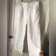 New Without Tag White Wide Pants, % Linen, W/ 2 Side Pockets, Adjustable Tie Closure, Relaxed And Comfy To Wear. Brand New. Measurements; Size: S Waistline 28-30 Adjustable Length: 30 White High-waisted Harem Pants With Elastic Waistband, White Mid-rise Wide Leg Cotton Pants, White Cotton Ankle-length Harem Pants, Non-stretch Linen Harem Pants With Straight Leg, White Linen Wide-leg Harem Pants, White Linen Full-length Bottoms, Wide Pants, Women Artisans, Linen Pants