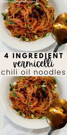 4 Ingredient Easy Vermicelli Chili Oil Noodles | Lynn Mumbing Mejia Chilli Noodles Recipe, Rice Noodles Recipes, Dinner Idea For Two, Garlic Chili Oil Noodles, Chilli Noodles, Chili Oil Noodles, Spicy Asian Noodles, Garlic Noodles Recipe