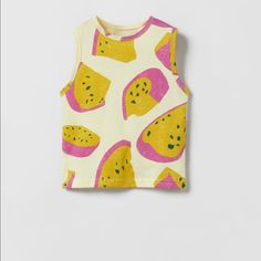 Zara Nwt Baby/Toddler Size 4-5y Fruit Top. 100% Cotton Playful Sleeveless T-shirt For Summer, Playful Sleeveless Summer T-shirt, Pink Cotton Tops For Play, Pink Cotton Top For Play, Fun Sleeveless Top For Playtime, Zara Cotton Tops For Playtime, White Cotton Tops For Play, Playful Summer Tops With Fruit Print, White Sleeveless Top For Play