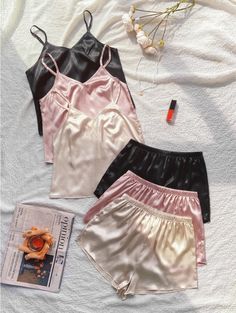 Satin Cami Top, Cute Pajama Sets, Plain Shorts, Short Pj Set, Satin Cami, Cute Pajamas, Silk Pajamas, Elastic Waist Shorts, Looks Chic