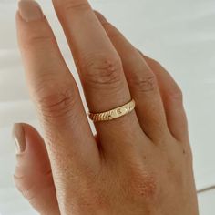 Our initial signet ring is an everyday staple, personalized. It is the perfect piece to showcase yourself or someone you love. This ring is designed with an etched gold band and an initial centerpiece. 14k gold filled Band width: 3 mm Made to order. Please allow 7 business days for processing. Gold Band, Signet Ring, Stacking Rings, Custom Rings, Gold Bands, Beautiful Rings, Customized Gifts, Solid Gold, Gold Filled