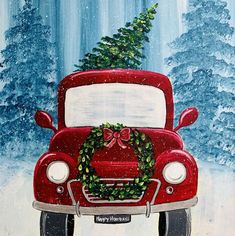 a painting of a red truck with a christmas wreath on the hood in front of snow covered trees