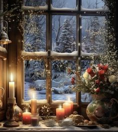 a christmas scene with candles and flowers in front of a window that has snow outside