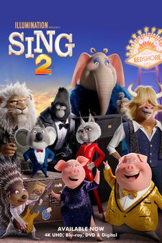 the poster for sing 2 is shown in front of an image of three cartoon characters