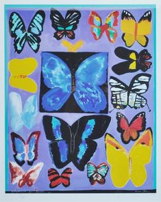 a painting of many different butterflies on a purple background