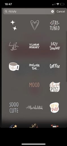 an iphone screen with various stickers on the back and side of it, including coffee cups