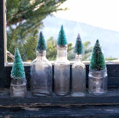 four bottles with small trees in them are sitting on a window sill near a tree