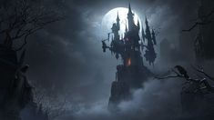 a castle in the middle of a foggy forest at night with full moon behind it