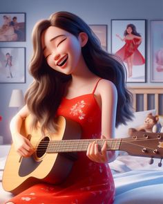 a cartoon girl is playing the guitar in her bedroom