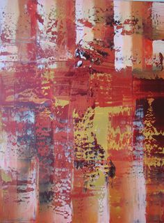 an abstract painting with red, yellow and orange colors on it's surface is shown