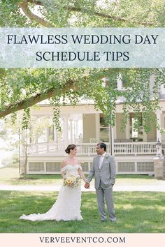 a bride and groom standing under a tree in front of a house with text that reads,