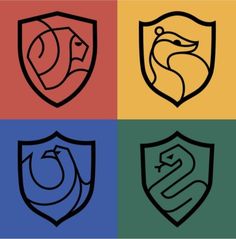 four different colored shields with two snakes on one side and the other is black